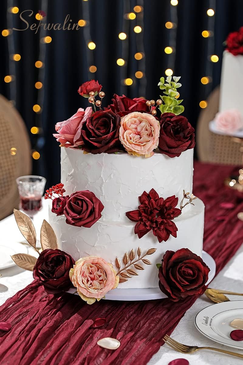 Serwalin 2Pcs Artificial Flowers Burgundy Pink Fake Flowers for Bridal Bouquets Wedding Decorations Cake Flowers for Home Party Table Centerpieces Arrangements Decor Indoor Outdoor