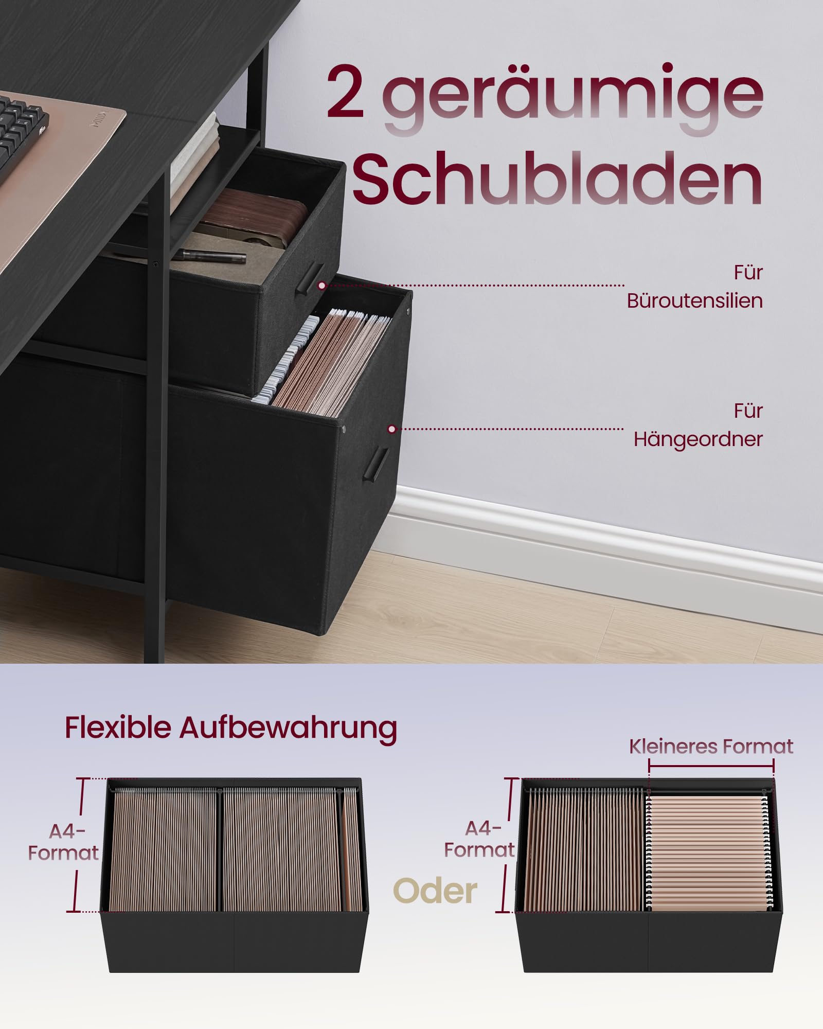 VASAGLE Gaming-Schreibtisch, mit Schubladen aus Stoff, Computertisch mit Bildschirmhalterung, Mehrfachsteckdose, 2 USB-Anschlüsse, für Heimbüro, 120 x 60 cm, Schwarz Holz LWD093B01V1