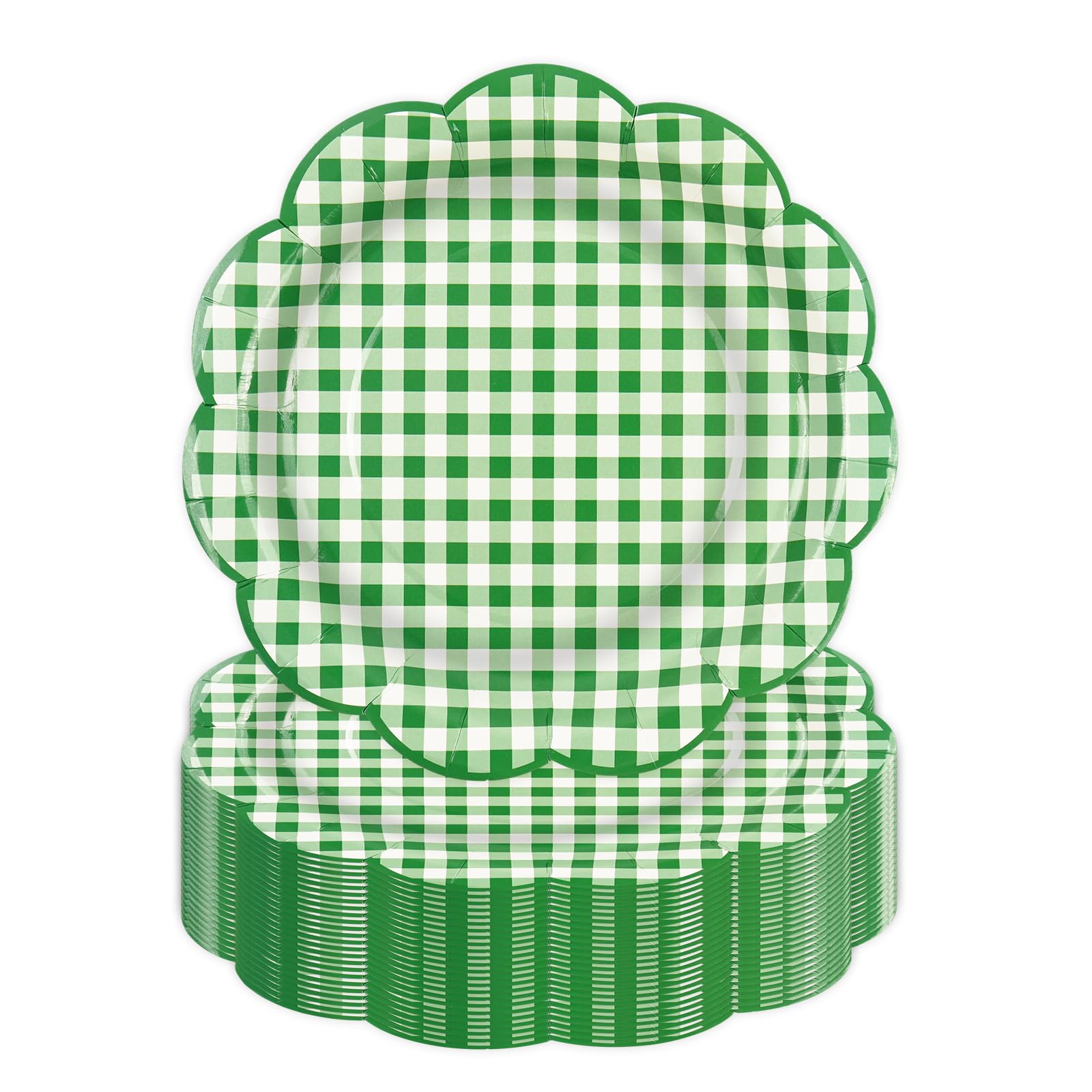 DHAIQC 50Pcs Green Gingham Paper Plates, 7Inch Scalloped Paper Plates Cake Dessert Plate for Birthday Family Dinner Picnic Baby Shower Wedding Party Supplies (Green)