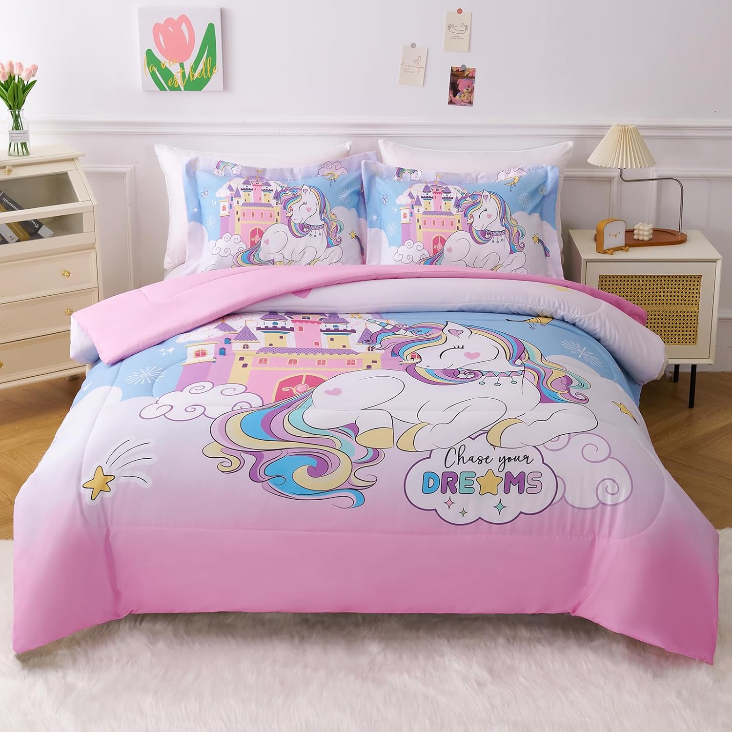 YIYEA Unicorn Full Size Comforter Sets for Girls Boys, Cute Pink Kids Comforter with 2 Pillowcase, Ultra Soft Brushed Microfiber Bedding Comforter Sets, Suit for All Season, Machine Washable 08# Unicorn and Castle Full
