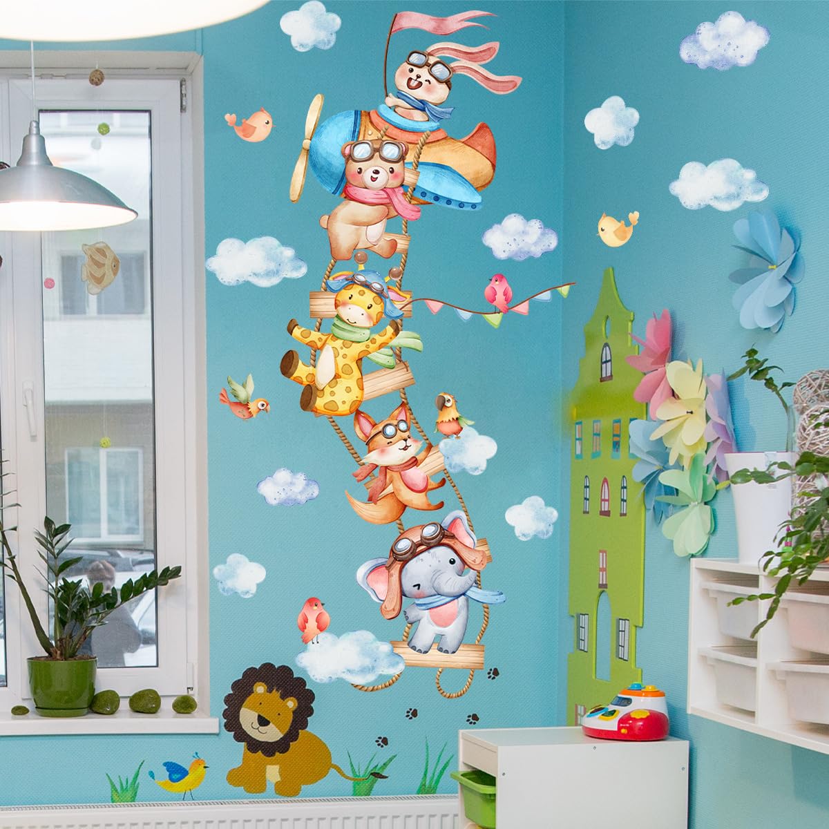 Autocollants muraux escaliers d'avion et animaux pour chambre d'enfant 120x90cm