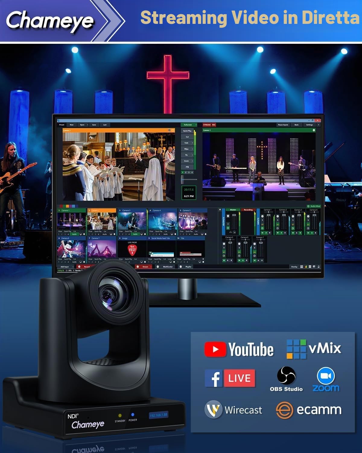 Chameye Telecamera NDI HX3 PTZ Zoom Ottico 20x 1080P 60fps AI Traccimento con display LCD, 3G-SDI HDMI USB3.0 LAN (PoE) per eventi educativi al culto della Chiesa - C720N