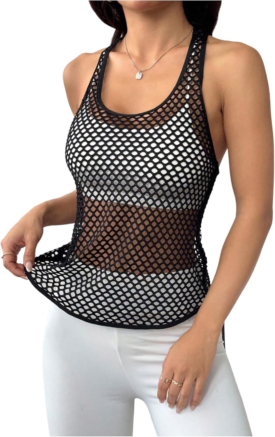 OYOANGLE Women's Mesh Racerback Workout Tank Top Hollow Out Scoop Neck Sleeveless Sports Shirts