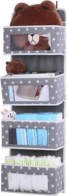 Over Door Storage Organiser, 4 Foldable Pockets Bedroom Wall Hanging Shelves with Clear Window Caddy Hanger for Baby Caddy Bathroom Wardrobe