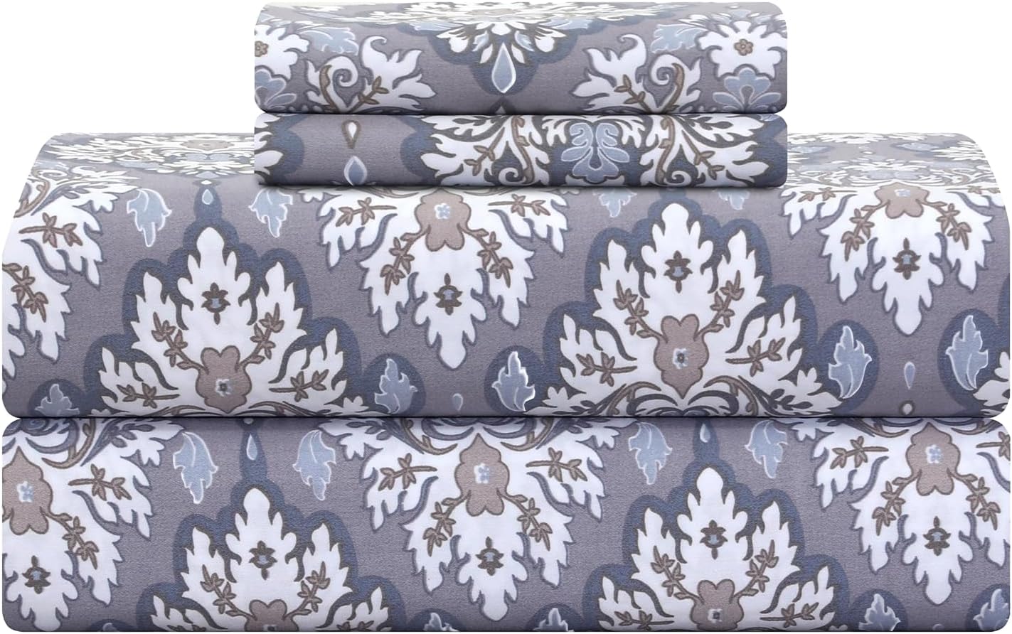 Feather & Stitch 300TC Full Size 100% Cotton Sateen Weave Printed Sheet Set, Cooling & Breathable Bed Sheets Set, 4 Piece 16" Elastic Deep Pockets, Soft Hotel Quality- Full, Vintage Damask