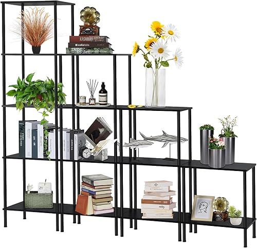 Miniatura 6 de LING RUI Estantería de 14 estantes, estantería de esquina de escalera, estantería abierta rústica, estantes de exhibición de libros de 5 niveles