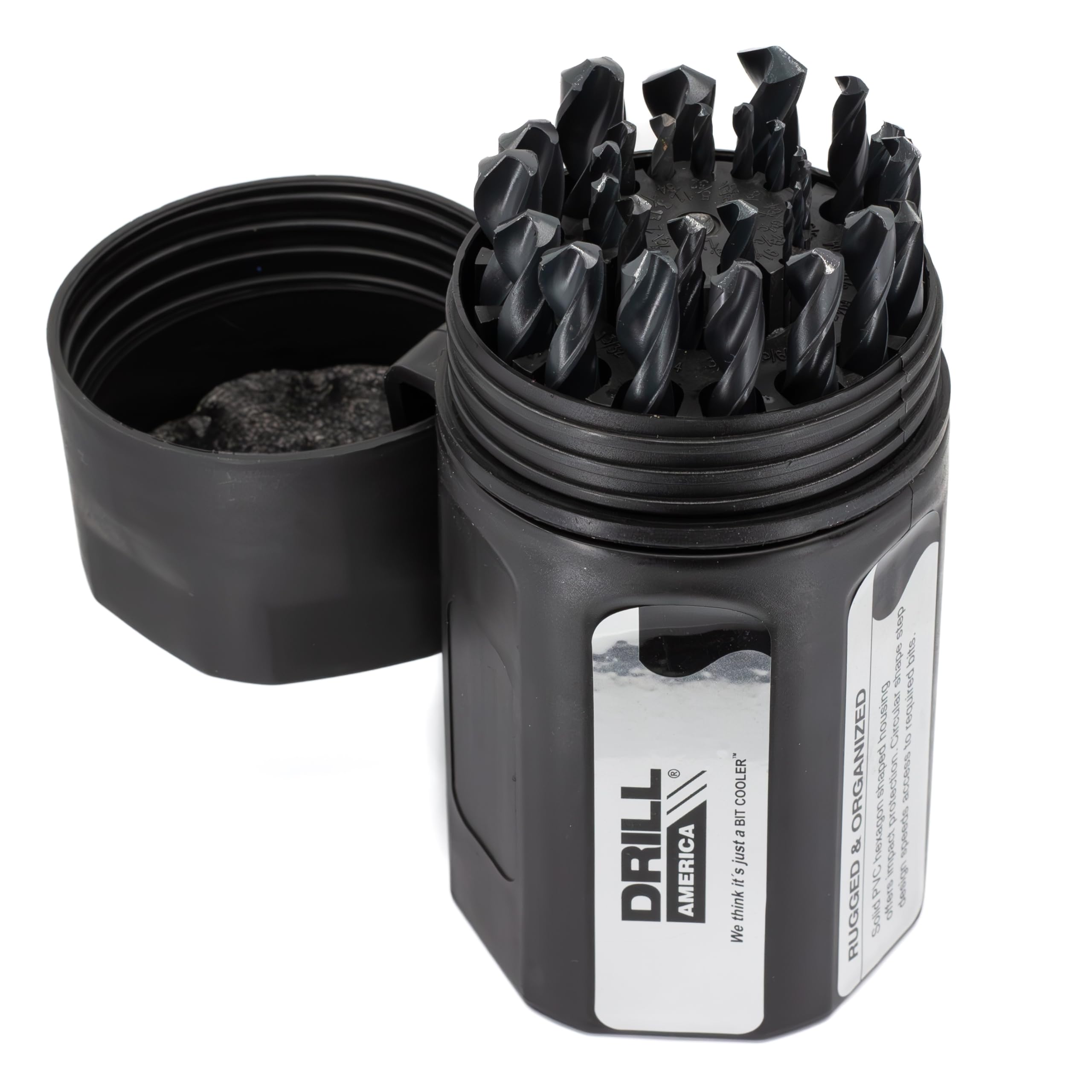 Drill América dwd29j-pc Qualtech 29 piezas Acero de alta velocidad brocas Jobber longitud en carcasa de plástico, negro óxido de acabado, redondo filo, tipo flauta espiral, 118 Degrees convencional Point, 1/16 "a 1/2 tamaño