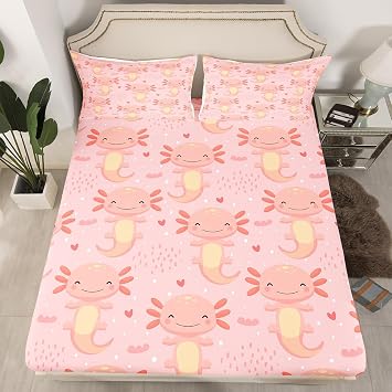 Erosebridal Axolotl Kawaii Bedding Set Twin Size Cute Axolotl Bed Sheet for Kids Girls Teens Cartoon Axolotls Fitted Sheet Reptile Animal Fitted Bed Sheet Bedroom Decor with 1 Pillowcase, Pink