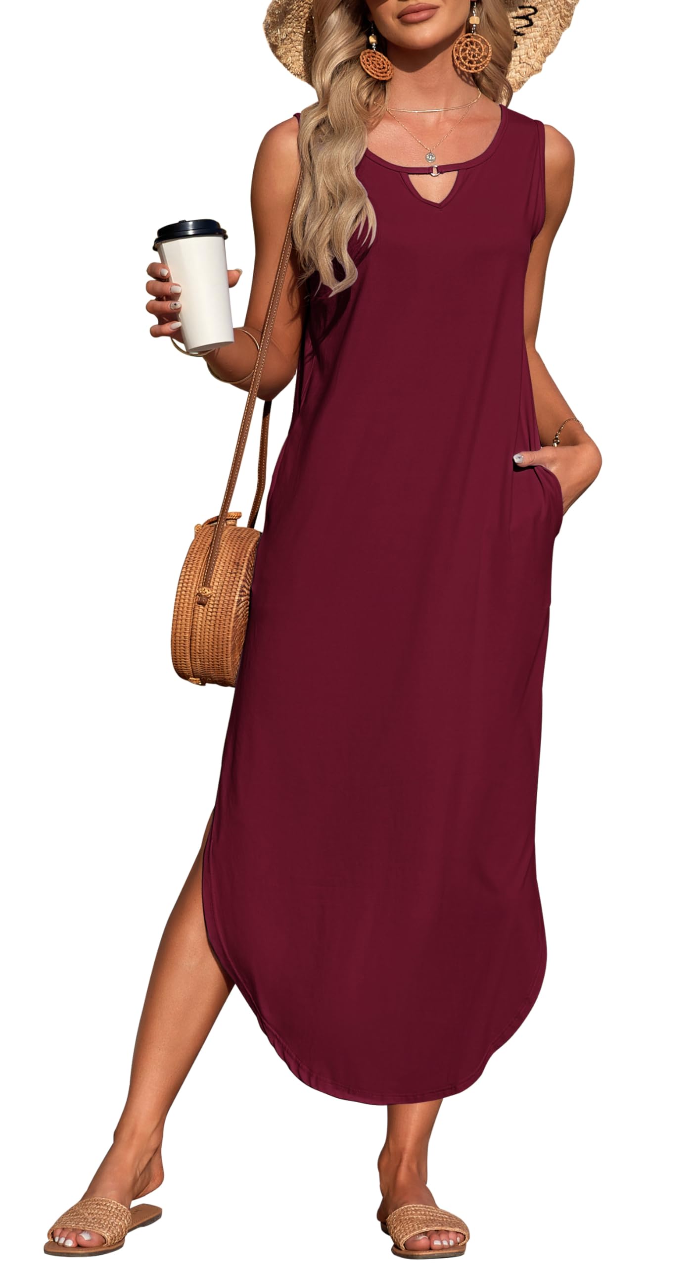AUSELILY Vestito Donna Estivo Lungo Vestito Maxi Senza Maniche Elegante Abito con Spacco Laterale e Tasche