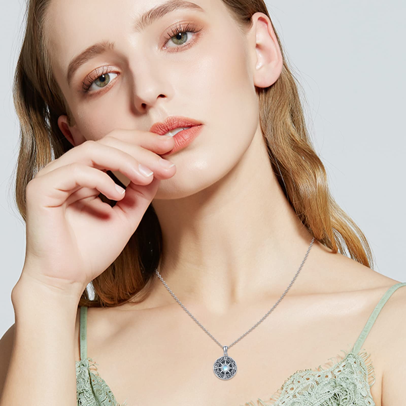 REDSUN Medaglione a bussola in argento Sterling 925, con pietra di luna, con nodo celtico, medaglione con foto e bussola, gioielli per uomo, figlio, ragazzo, donna