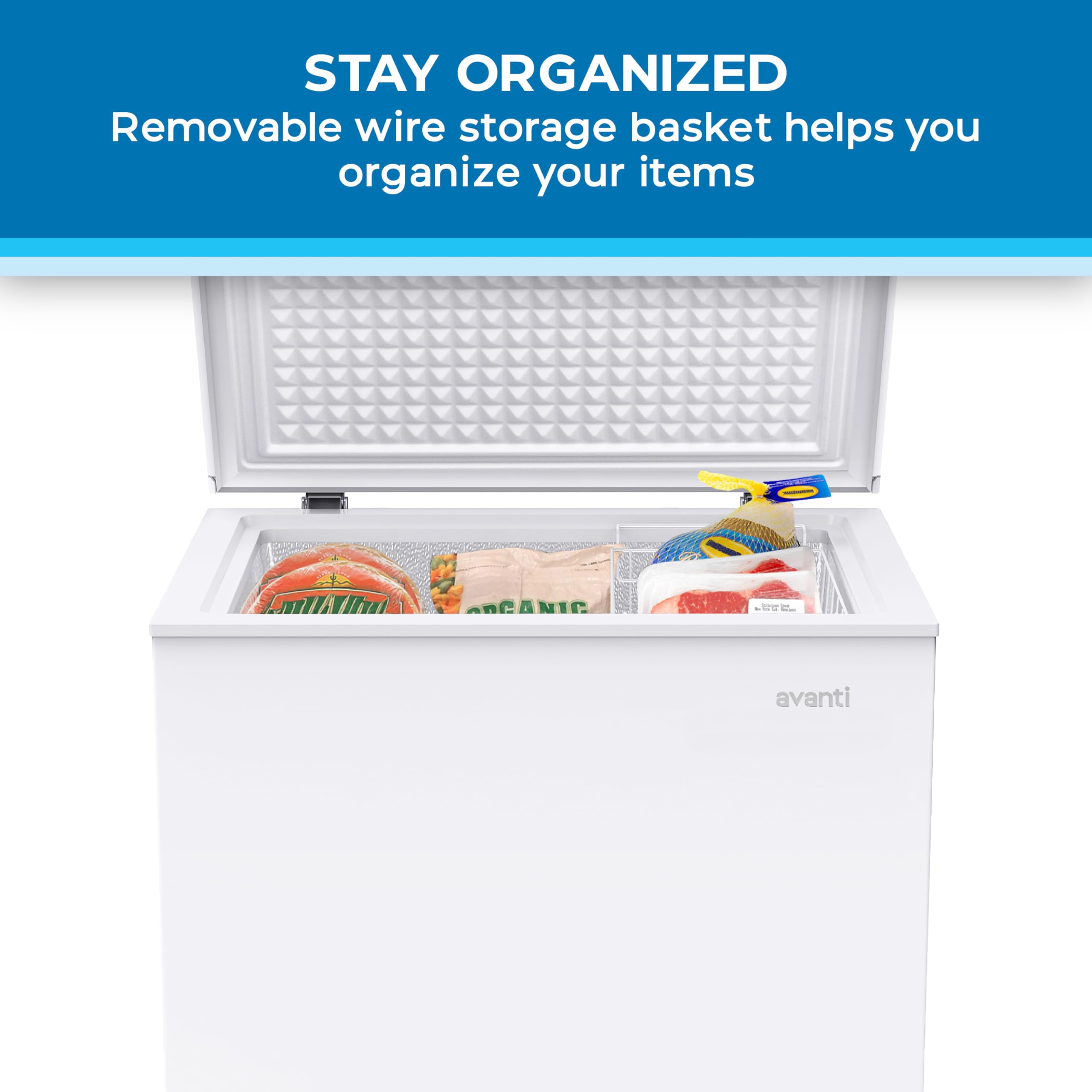 Avanti 5.0 Cu. Ft. Garage Ready Chest Freezer With Removable Storage Basket, External Temperature Control, Manual Defrost, Power Indicator Light, 5.0 Cu. Ft., White on Fridge.com - View 4