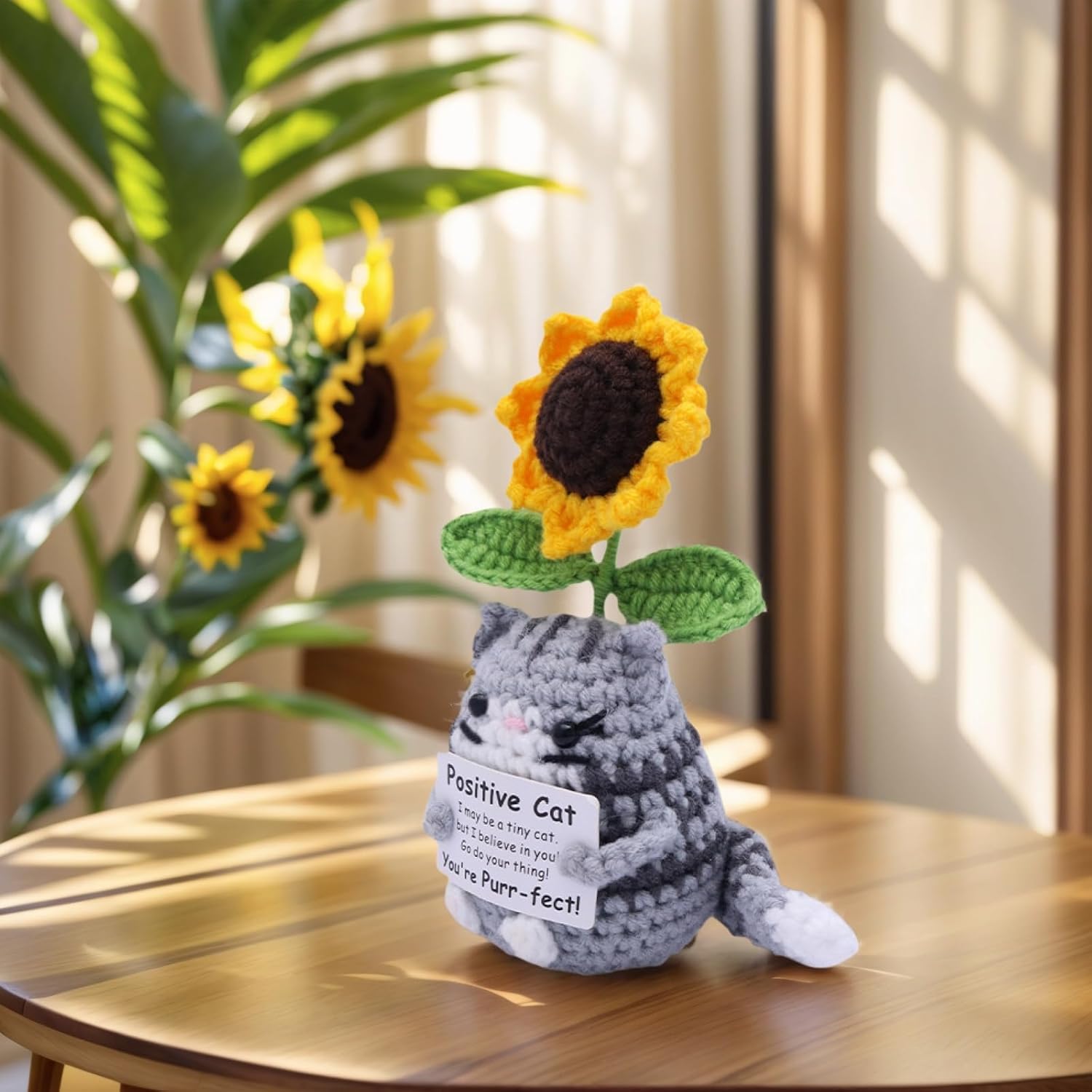 Handmade Crochet Cat Doll with Sunflower Planter, Mini Emotional Support Gift with Encouragement Card, Inspirational Desk Decor for Office Home, Positive Present for Women Men Friends Family Birthday