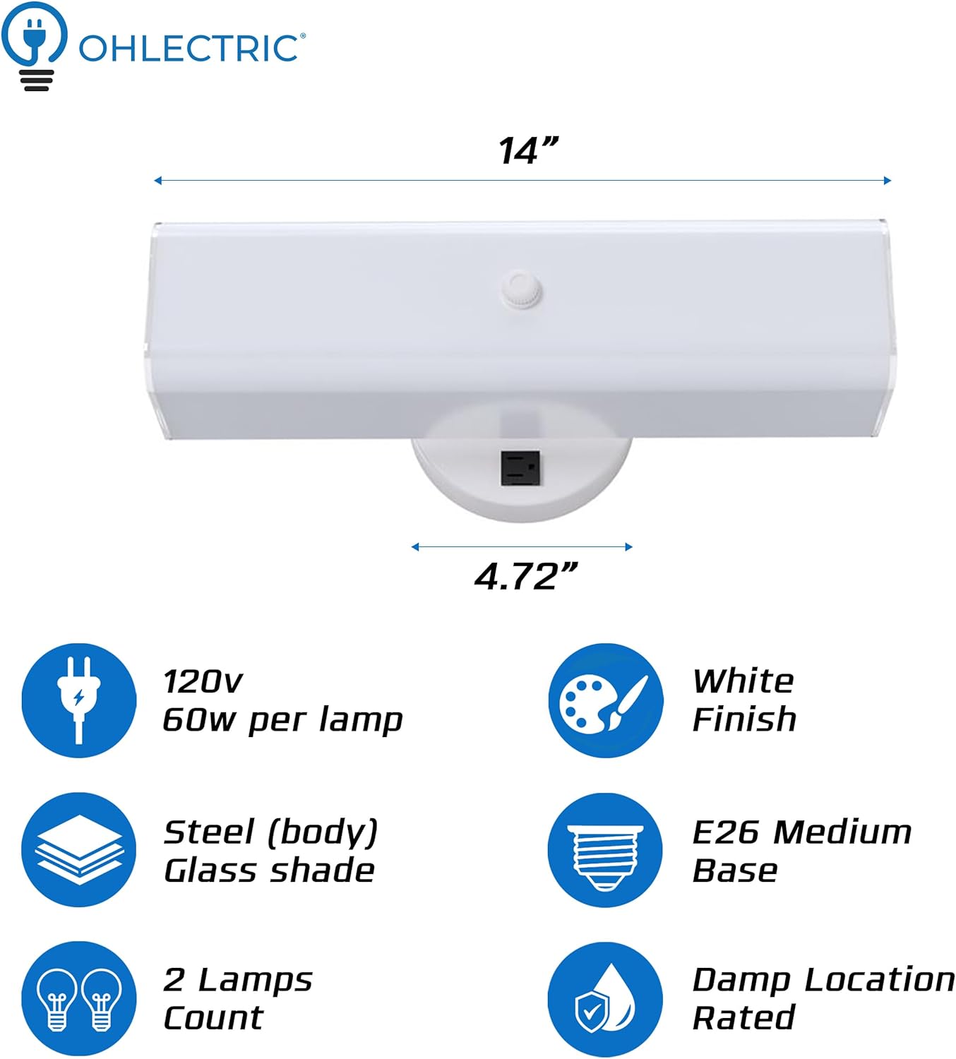 OHLECTRIC 2-Light 14-Inch Vanity Wall Light Fixture with Built-in Outlet (2-Pack) Wall Sconce White Frosted U-Channel Glass Shade Dimmable Bathroom Lighting, 60W E26 Base Contemporary Vanity w/Outlet