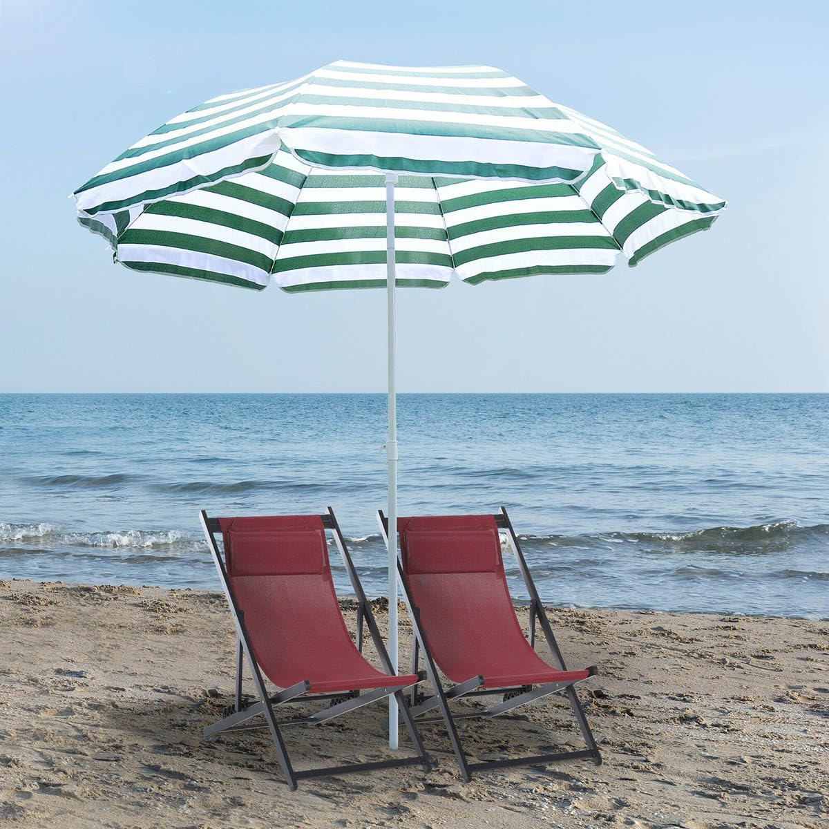 200 cm Strandschirm neigbarer, tragbarer, grün gestreifter Sonnenschirm, rund Gartenschirm mit Sonnenschutz UPF 50+ für Picknick und Camping