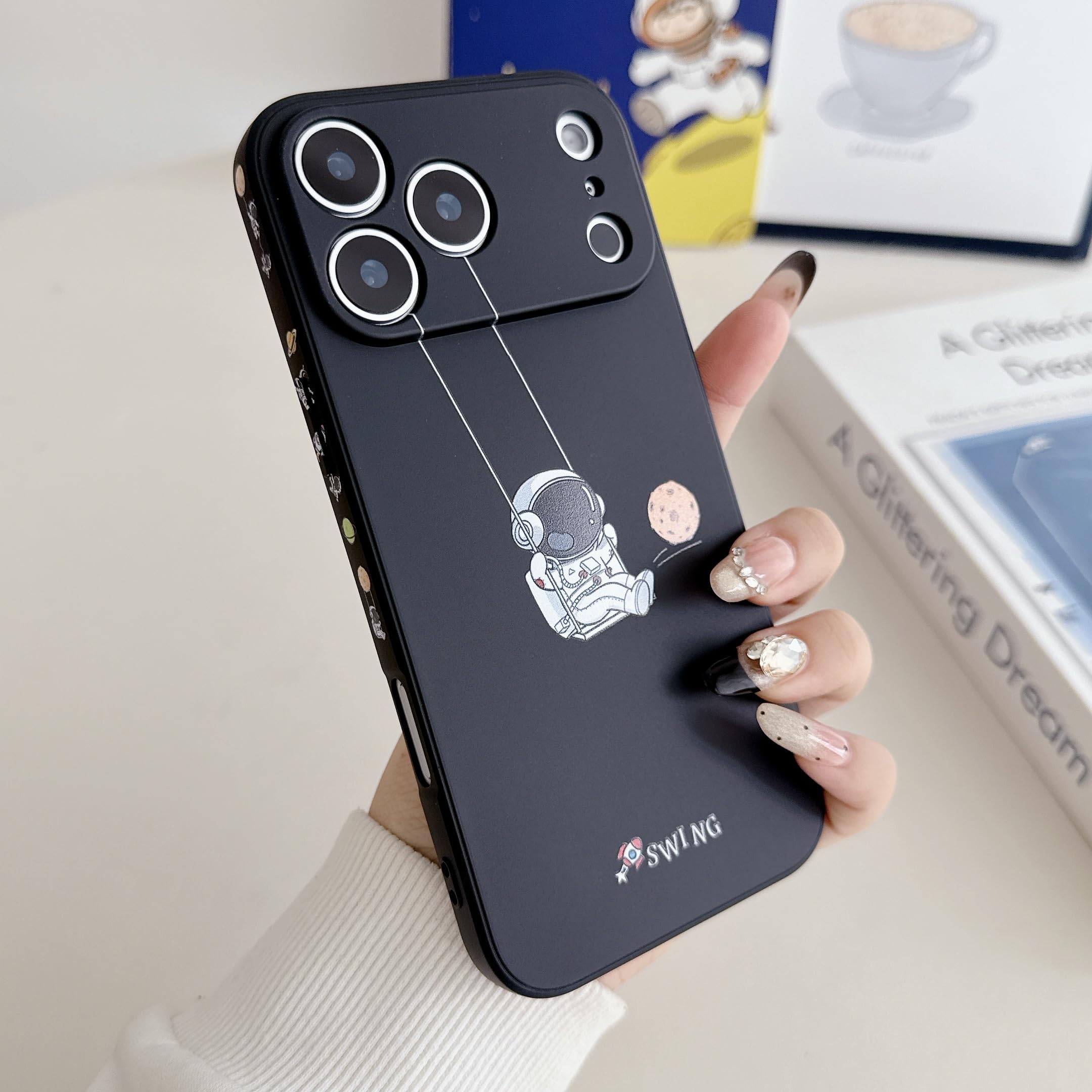 Yonds Queen for iPhone 17 Pro Cute Case, Cool Cartoon Swing Astronaut Planet Moon Space Design Stylish TPU Bumper Shockproof Anti-Slip Protector Fashion Case (Black Planet, iPhone 17 Pro) — view 3