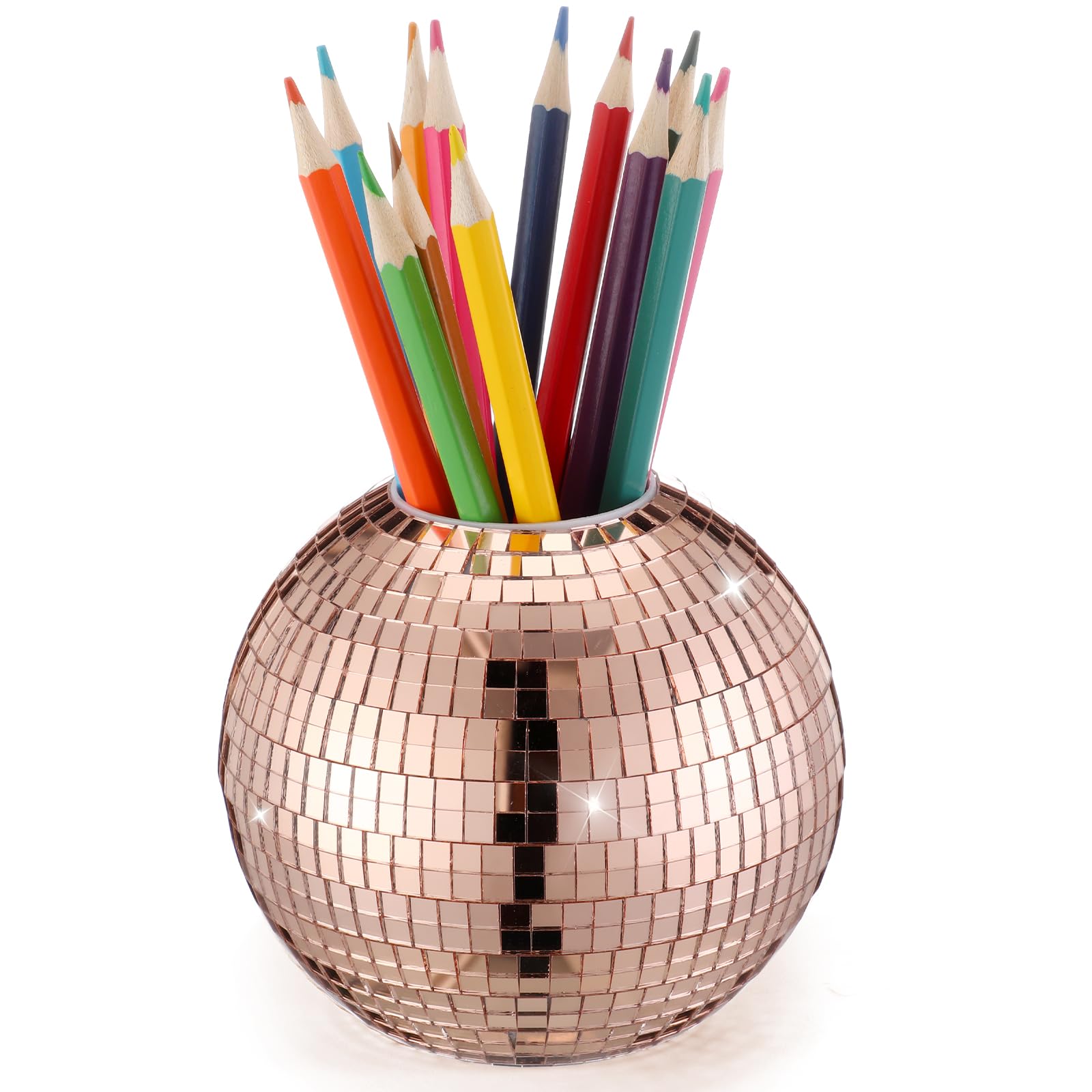 Singhoow 4 Inch Disco Ball Pencil Pen Holder for Desk Accessories Sequin Plastic Makeup Brush Holder Organizer Multifunctional Pencil Cup Disco Flower Vase for Home Office Classroom Decor(Rose Gold)