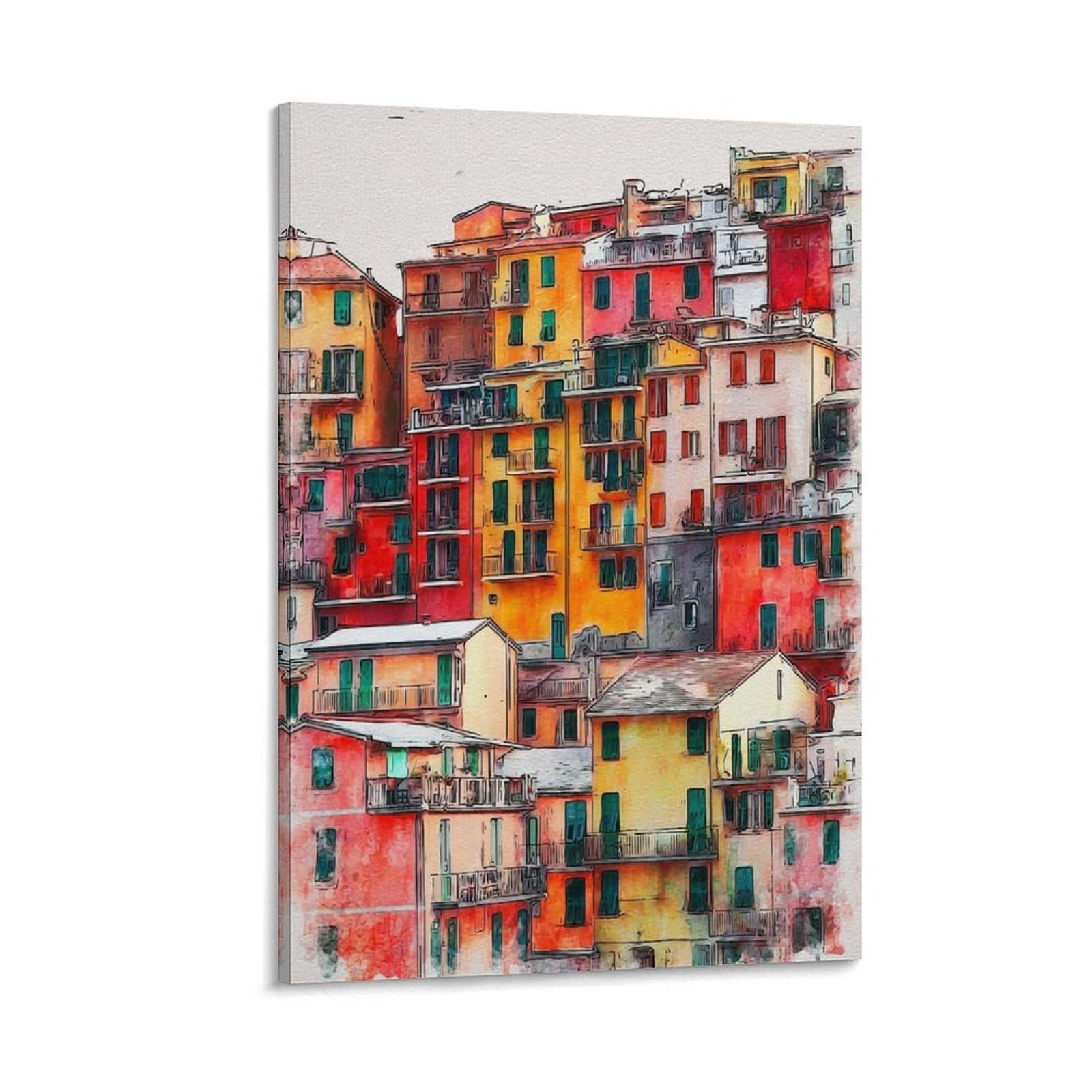 Lcynnh Frame-Style Manarola Italy 08X12inch(20X30cm) Vintage Travel Poster Watercolor Canvas Art