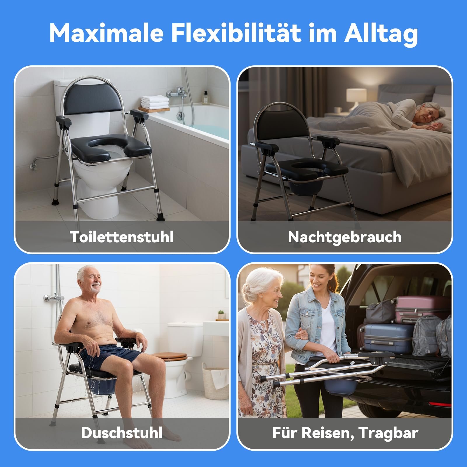 Toilettenstuhl klappbar für Senioren – 2-lagiges dickes Sitzkissen, breiter Edelstahlrahmen, höhenverstellbar, bis 200 kg belastbar, fahrbarer Duschstuhl & Toilette (Schwarz)