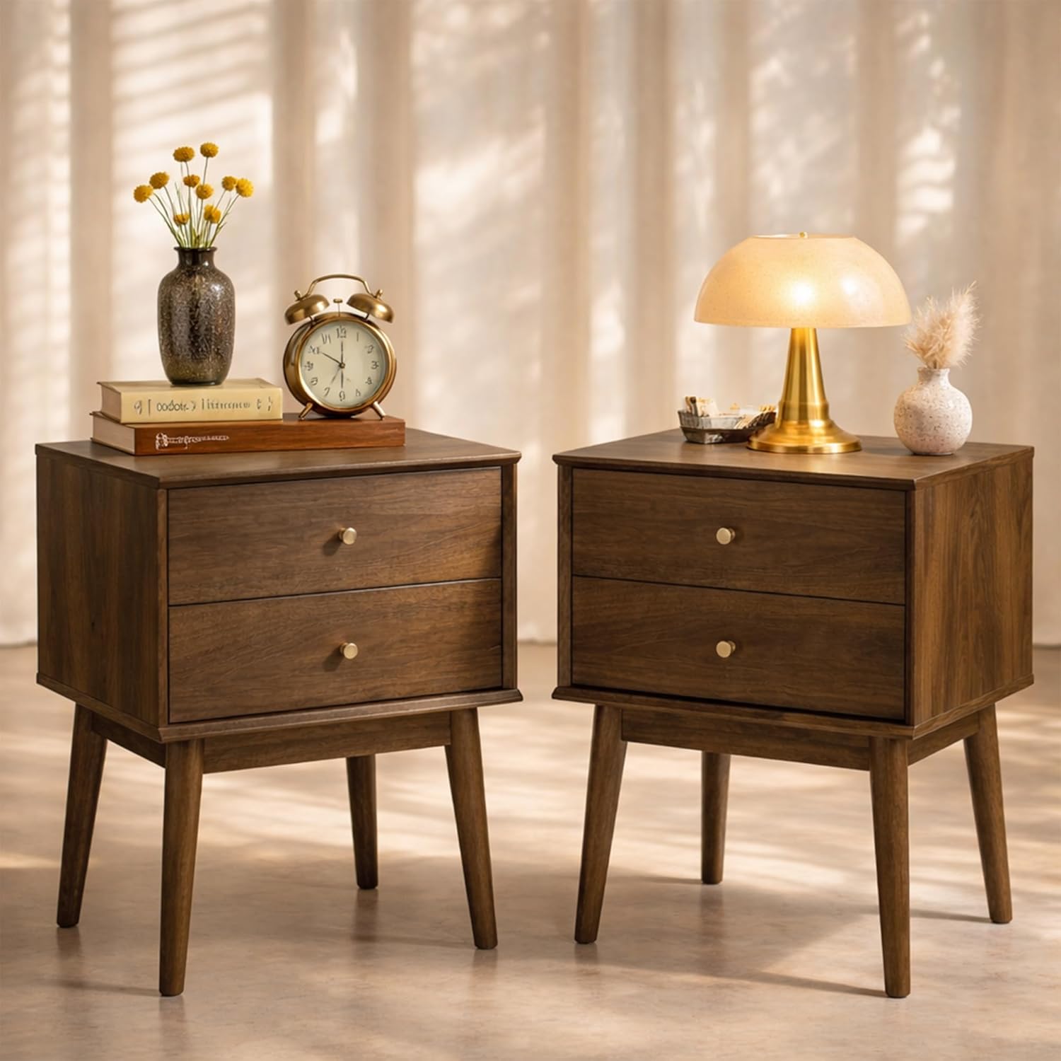 26" Tall Mid-Century Modern Wood Nightstands Set of 2, 20" Extra Wide Bedside Tables, Airy 14" Solid Wood Legs End Tables for Bedroom, Knurled Gold Knobs - Dark Walnut