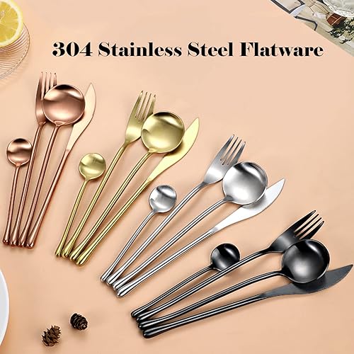 Miniatura 8 de JASHII Juego de cubiertos de 304 cubiertos de oro mate, acabado satinado, juego de cubiertos de acero inoxidable 188 con mango redondo, 24 piezas