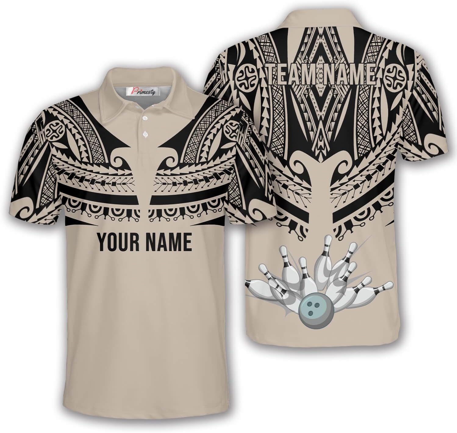 PRIMESTY Polynesian Bowling Shirts for Men Women, Samoan Maoli Tribal Tattoo Bowling Jerseys, Custom Bowling Polo Shirts