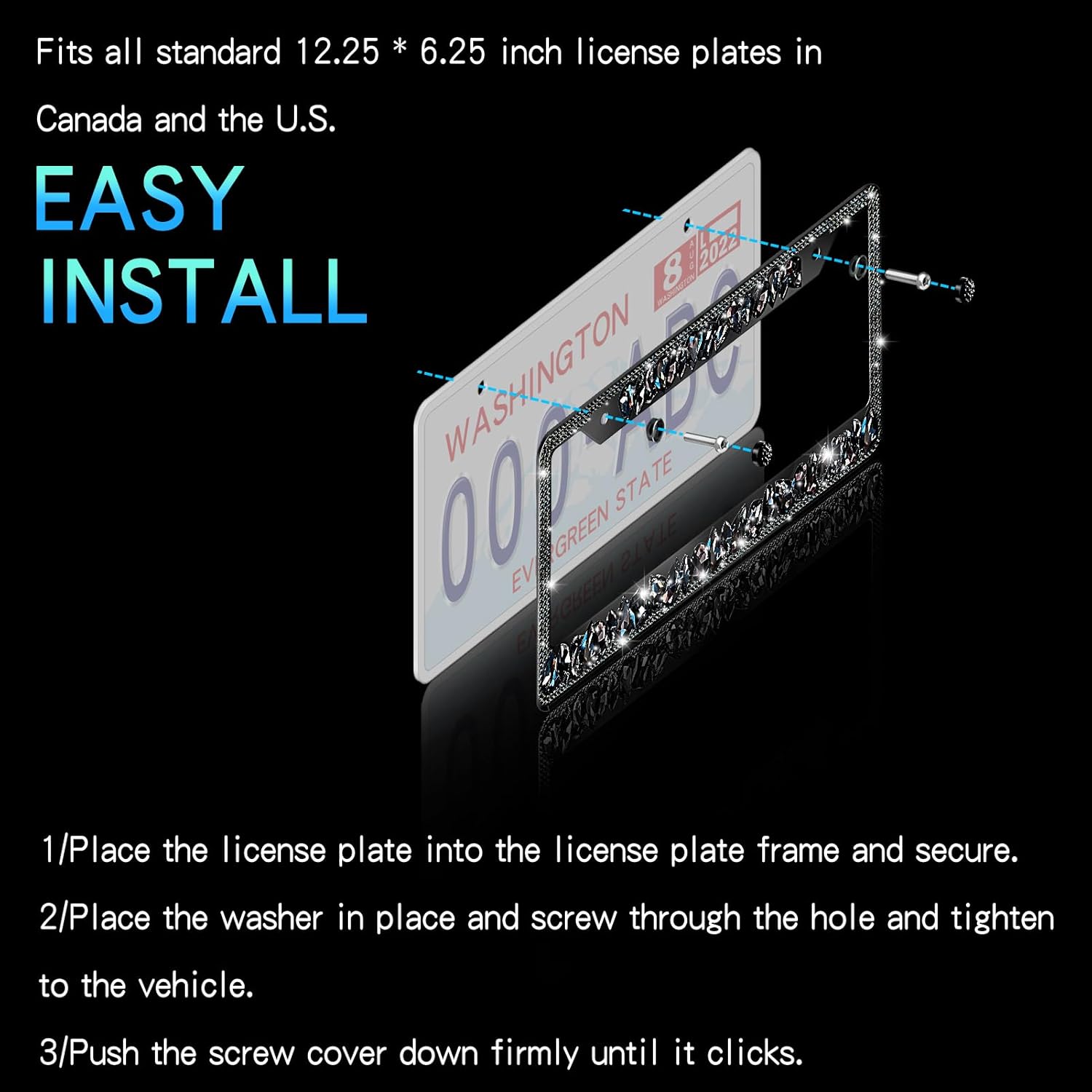 Bing License Plate Frames for Women Diamond Black License Plate Frame 1 Pack Rhinestone Bedazzled License Plate Holder Stainless Steel Frame - High-End Gift Box Packaging
