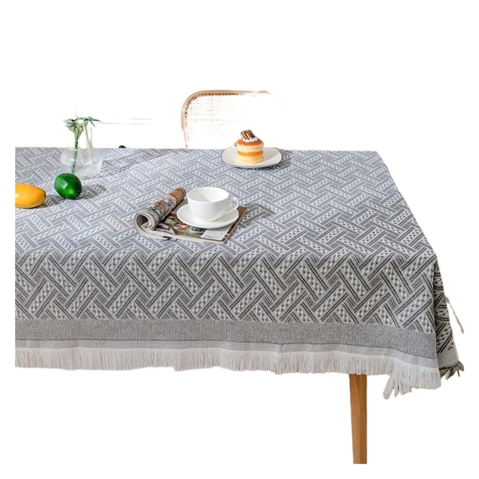 Nappe en lin coton froissé lavable grise de 180x180cm avec finitions pompon
