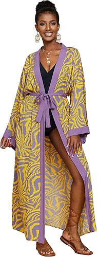 RanRui Kimono de playa con estampado de cebra amarilla, holgado, frente abierto, bata de algodón, bata de traje de baño para mujer, bata de plumero