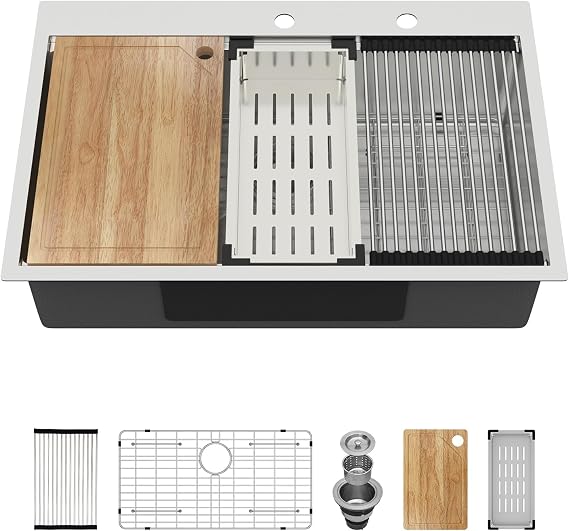 33 Drop In Kitchen Sink - Oumuch 33x22 Inch Drop in Workstation Kitchen Sink 16 Gauge Stainless Steel Handmade Single Bowl Sinks Topmount Deep Basin, 9 Depth