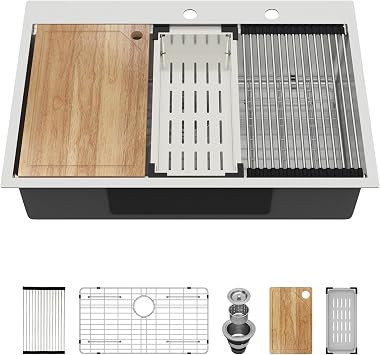33 Drop In Kitchen Sink - Oumuch 33x22 Inch Drop in Workstation Kitchen Sink 16 Gauge Stainless Steel Handmade Single Bowl Sinks Topmount Deep Basin, 9 Depth