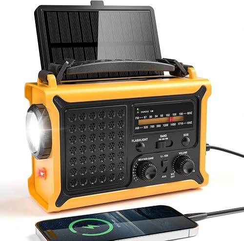 Radio Am/FM de Manivela, Radio Solar con Batería Recargable de 12000mAh, Panel Solar Extragrande, Portátil con Linterna y Luz de Lectura, Dinamo con Alarma SOS para Senderismo, Camping y Exteriores