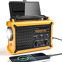 Portable Radio Dynamo, AM/FM Radio Solaire avec 12000mAh Batterie Rechargeable & Manivelle, Camping Portable avec Lampe de Poche & Lumière de Lecture, Alarme SOS, Idéal pour l'extérieur et la Maison