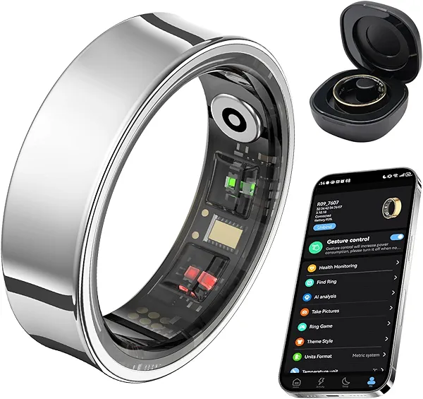AMOVAN Smart Ring for Women Men, Fitness Tracker Ring with Body Temperature, Heart Rate, Blood Oxygen, Sleep Monitor, Calories, No Subscription Fee, IP68 Waterproof for iPhone & Android