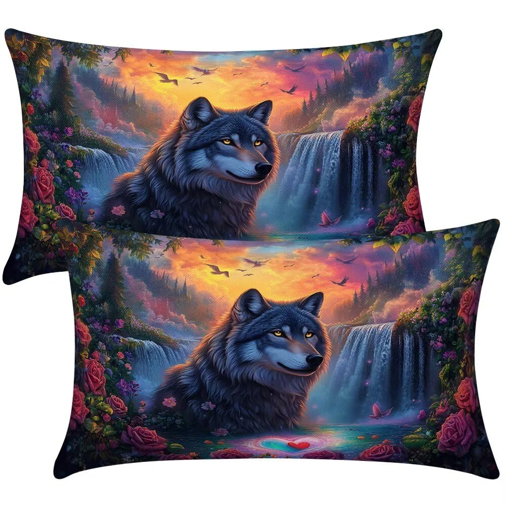 Waterfall Cushion Covers 35x55 cm Set of 2 Decorative Pillows Wolf Throw Pillow Case Rectangle Cushion Cover Couch Cushions Covers for Living Room Sofa Bedroom with Invisible Zipper 14x22 Inch -SC384