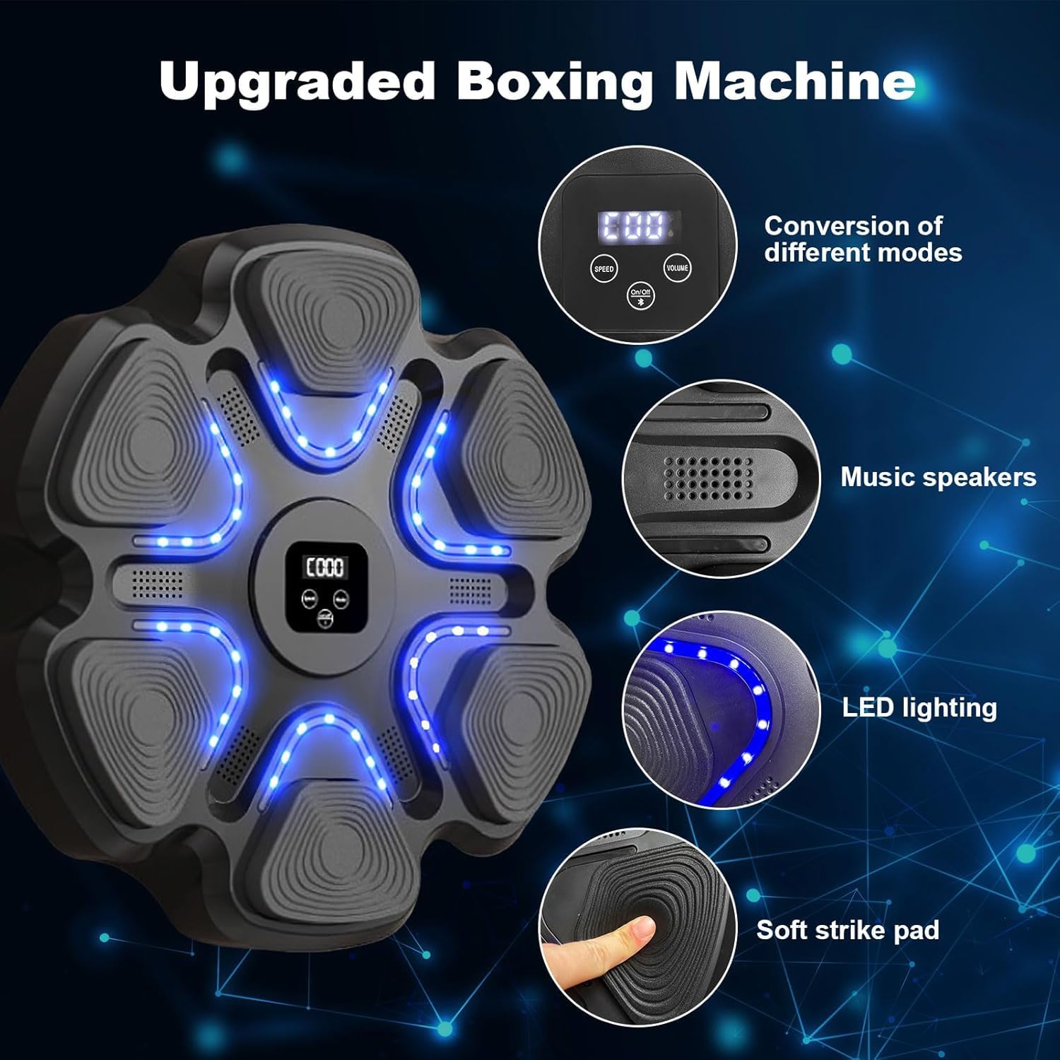 Maszyna bokserska premium z rękawicami bokserskimi, inteligentna maszyna bokserska Bluetooth z elektroniką LED, montaż ścienny, boks muzyczny, sprzęt treningowy do domu