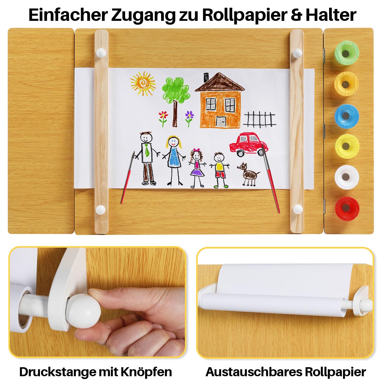 ROCSUMOO Kinder-Kunsttisch-Set mit 2 Stühlen - Holzerner Aktivitätstisch für Kleinkinder mit Verstellbarer Tischplatte, Farbpigment-Eimer und 8 Stoff-Aufbewahrungsboxen (Natürlich)