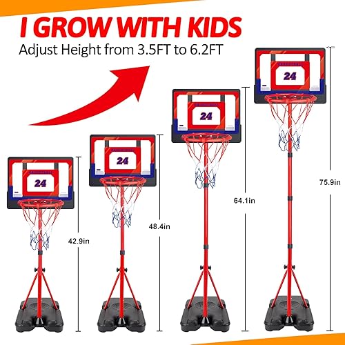 Miniatura 2 de Aro de baloncesto para niños, altura ajustable, 3.5 a 6.2 pies, para interiores y exteriores, portátil, con bomba de bola, juegos de patio, juguetes
