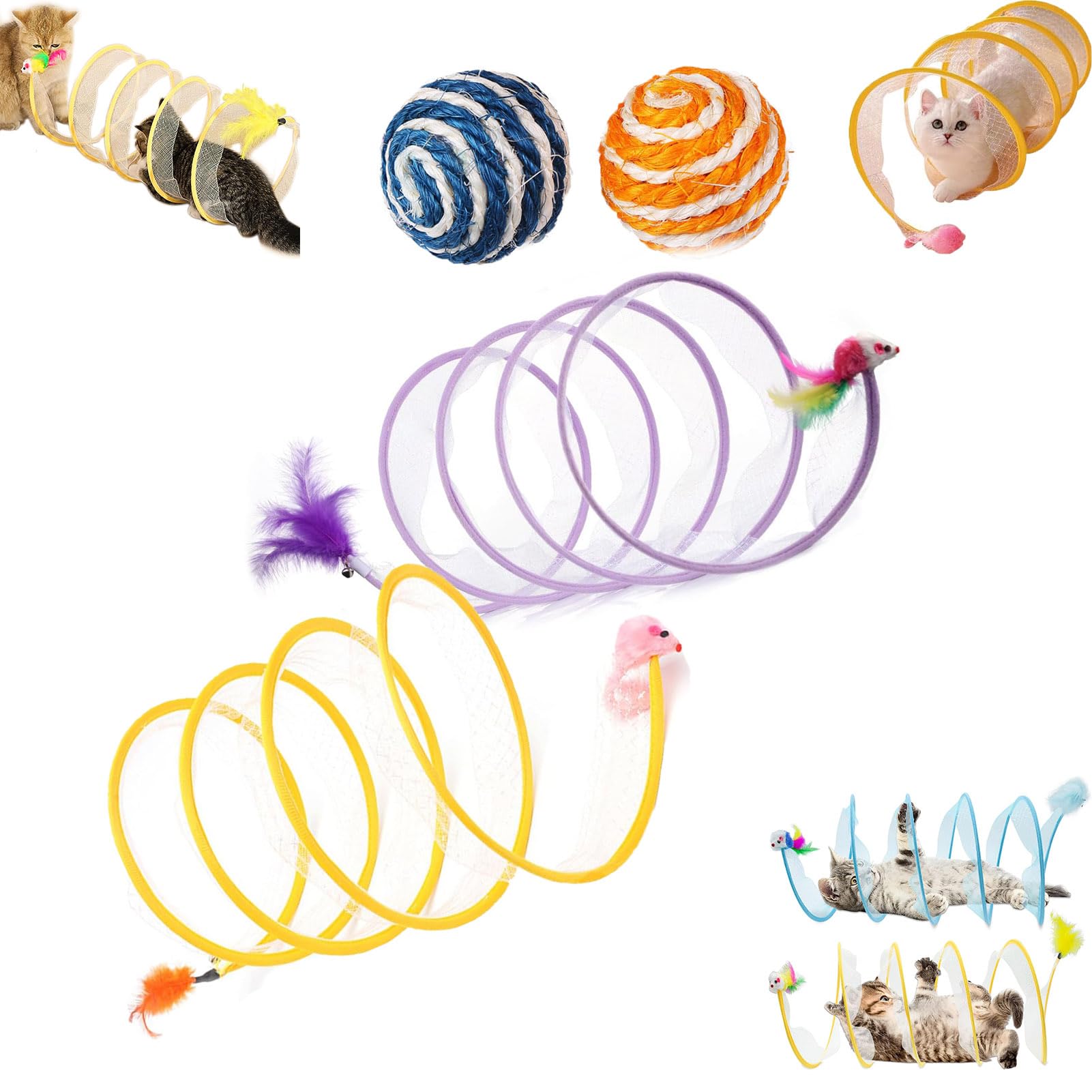 Brylec Coil Cat Toy, Brylec Cat Coil, Cattycoil Cat Tunnel Toy, Cat Donut Tunnel, Cat Tubes And Tunnels Collapsible, Spiral Cat Toy, Cat Tunnel Toys For Indoor Cats (yellow+purple)