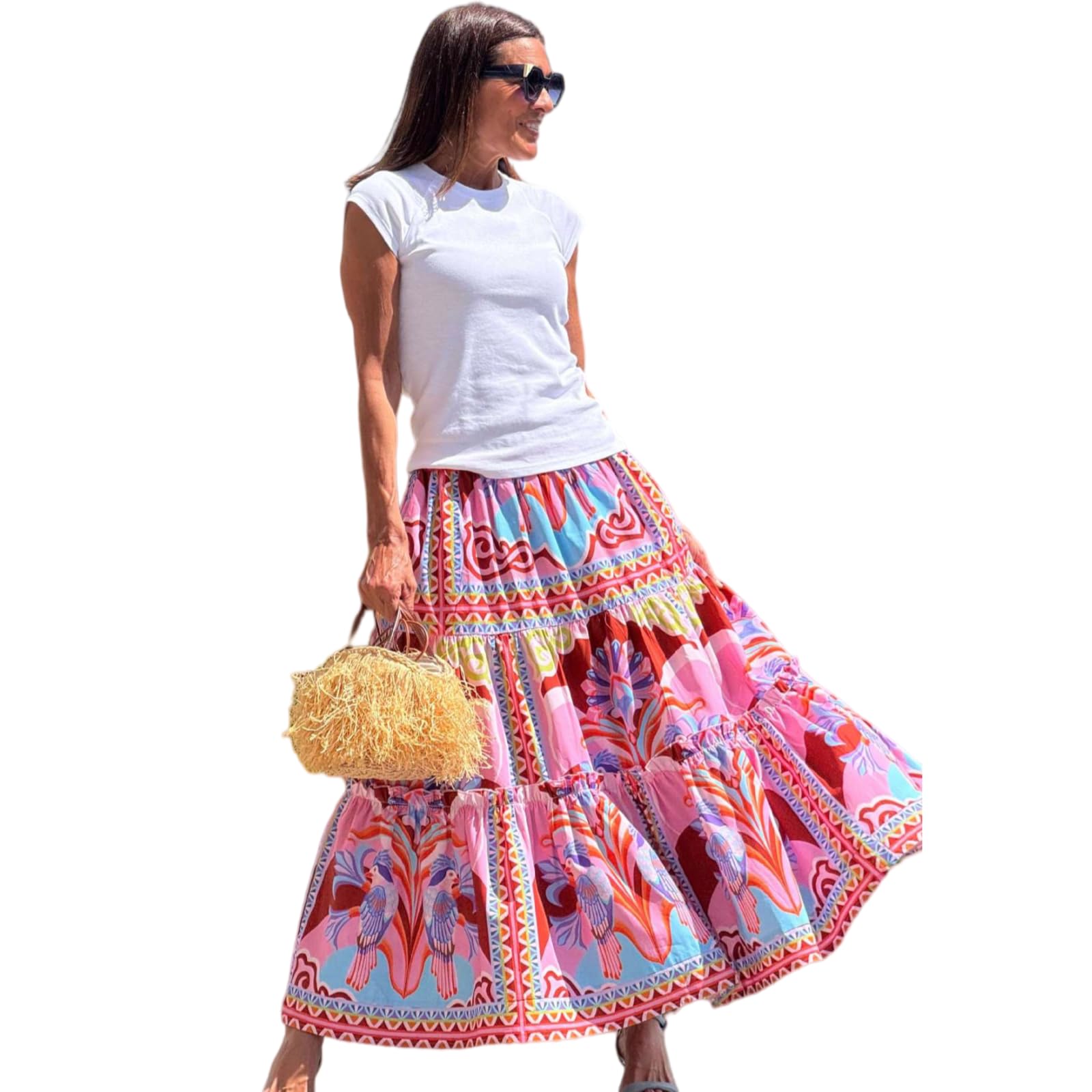 Minigonna Donna Boho Stampa Maxi Gonna Alta Vita A Livelli Ruffle Beach Vacanze, Traspirante Lunga Linea-Pink Print-s