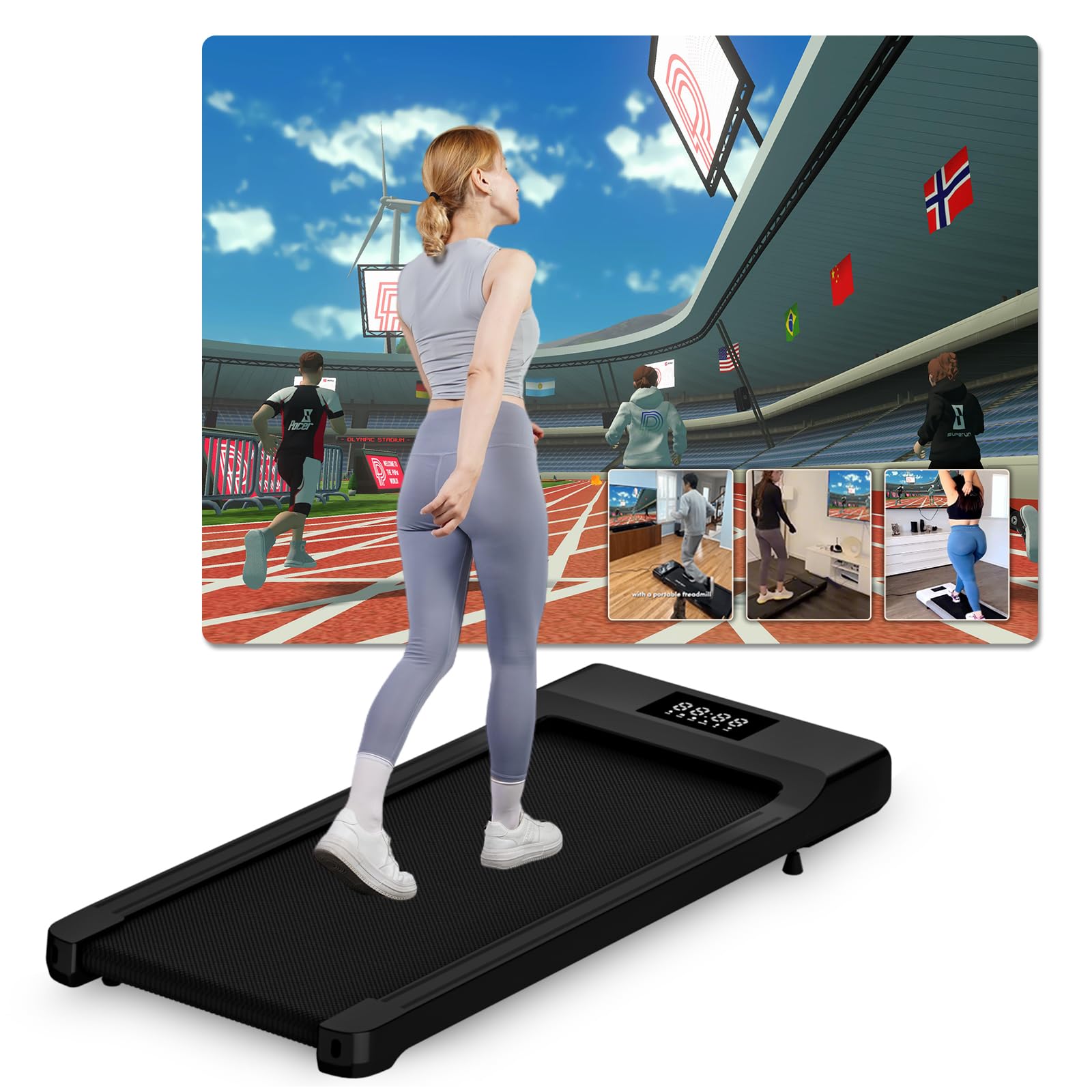 DeerRun Raceable Walking Pad Suitable for High-tech wearables, Under Desk Treadmill Max 159kg with APP Control, Walking Machine for Home with AI chaperones & Multi-Runner Races