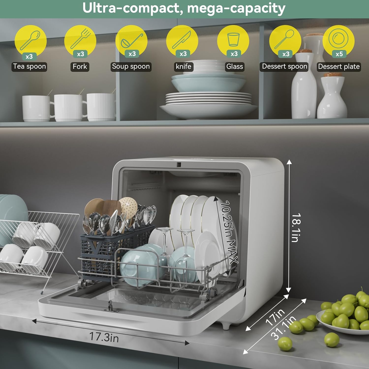 Portable Dishwasher, Countertop Dishwasher with Color Screen, 5 Place Settings & 8 Washing Programs, Mini Dishwashers, 3 Spray Arms with 5 L Built-in Water Tank