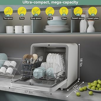 magicplux Portable Dishwasher, Countertop Dishwasher with Color Screen, 5 Place Settings & 8 Washing Programs, Mini Dishwashers, 3 Spray Arms with 5 L Built-in Water Tank
