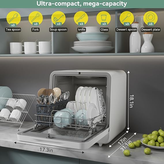 magicplux Portable Dishwasher, Countertop Dishwasher with Color Screen, 5 Place Settings & 8 Washing Programs, Mini Dishwashers, 3 Spray Arms with 5 L Built-in Water Tank