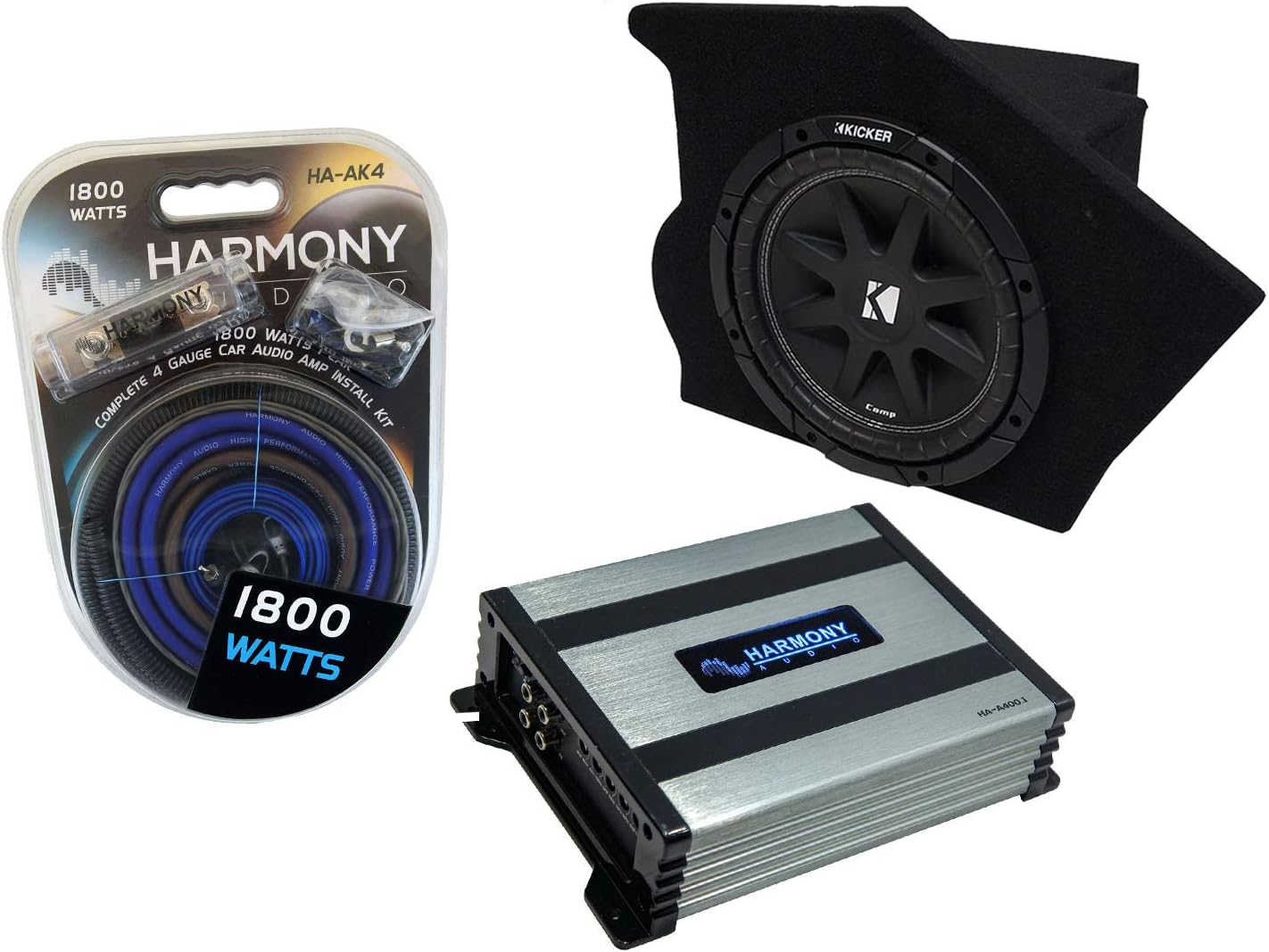 Harmony Audio Compatible with 1993-2002 Chevy Camaro Coupe Driver Side 10" Kicker Bundle Comp C10 Sub Box Enclosure & Harmony HA-A400.1 Amp