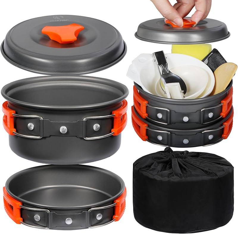 REDCAMP 6/10/11/12/14/15/19 PCS Kit de utensilios de cocina para acampar Equipo para acampar Utensilios para fogatas Olla apilable liviana Tazones Cuchara de sopa con bolsa de almacenamiento para acampar, mochilero, cocinar al aire libre