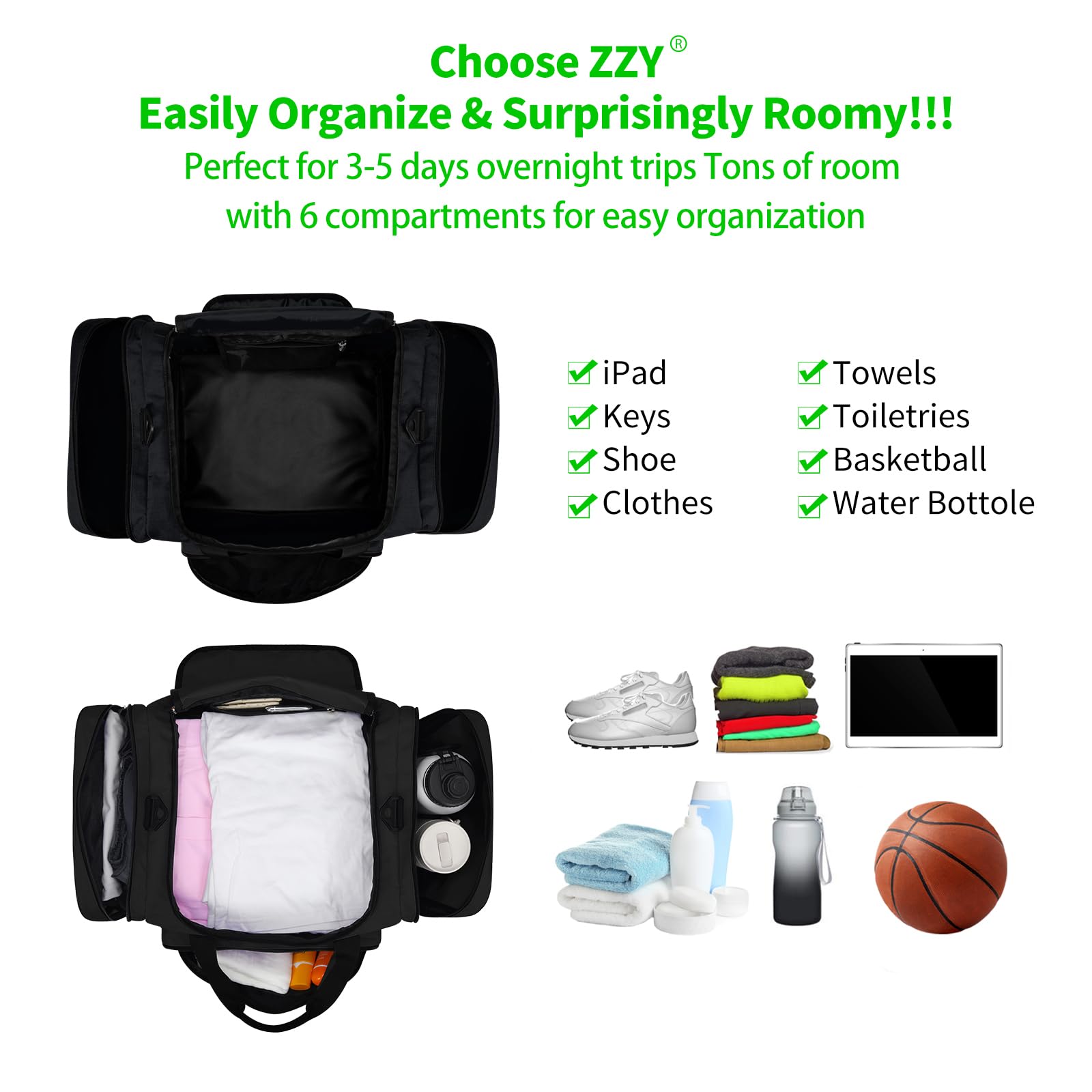 ZZY Sporttasche, 40L Reisetasche Fitness Tasche mit Schultergurt Wochenendtasche für Damen und Herren(Schwarz)