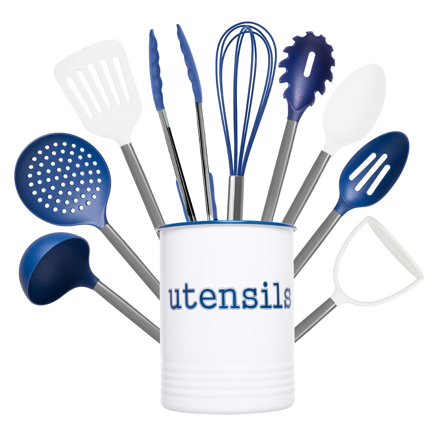 Cook With Color 10 Piece Nylon Cooking Utensil Set with Holder, Kitchen Tools and Gadgets with Rounded Stainless Steel Han...