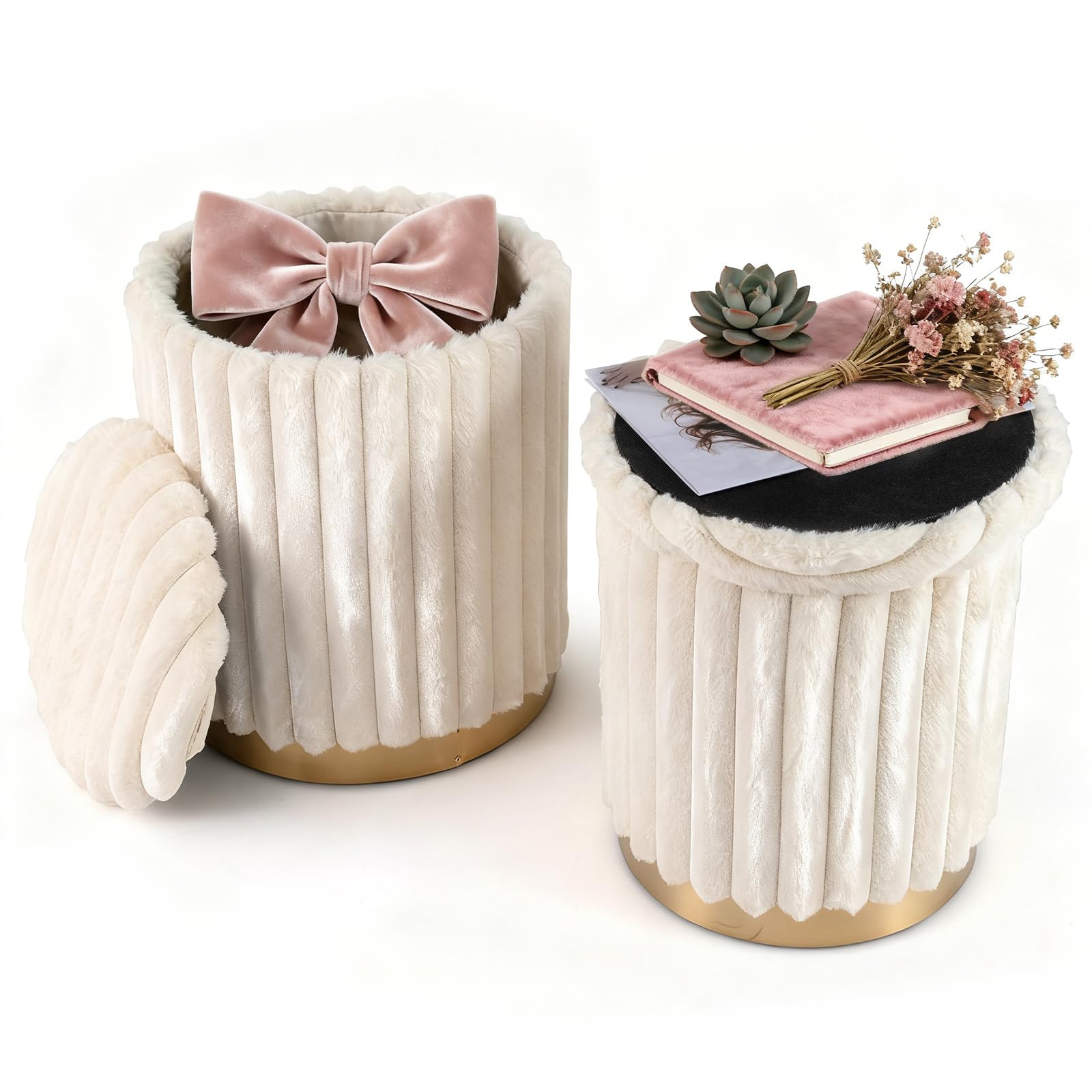COSTWAY Set di 2 Pouf Contenitori Rotondi, 32L+21L, in Pelo di Coniglio | Sgabelli Contenitori Impilabili con Coperchi Rimovibili e Scomparti Nascosti per Soggiorno e Camera da Letto