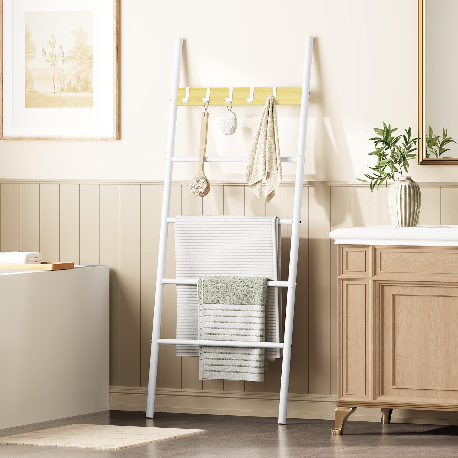 HOOBRO Portasciugamani, Portasalviette Bagno, Porta Asciugamani con 5 Staccabile Ganci, 60 x 2 x 177cm, per Asciugamani, Vestiti o giornali, Stabile, Bianco e Naturale EWN60CJ01