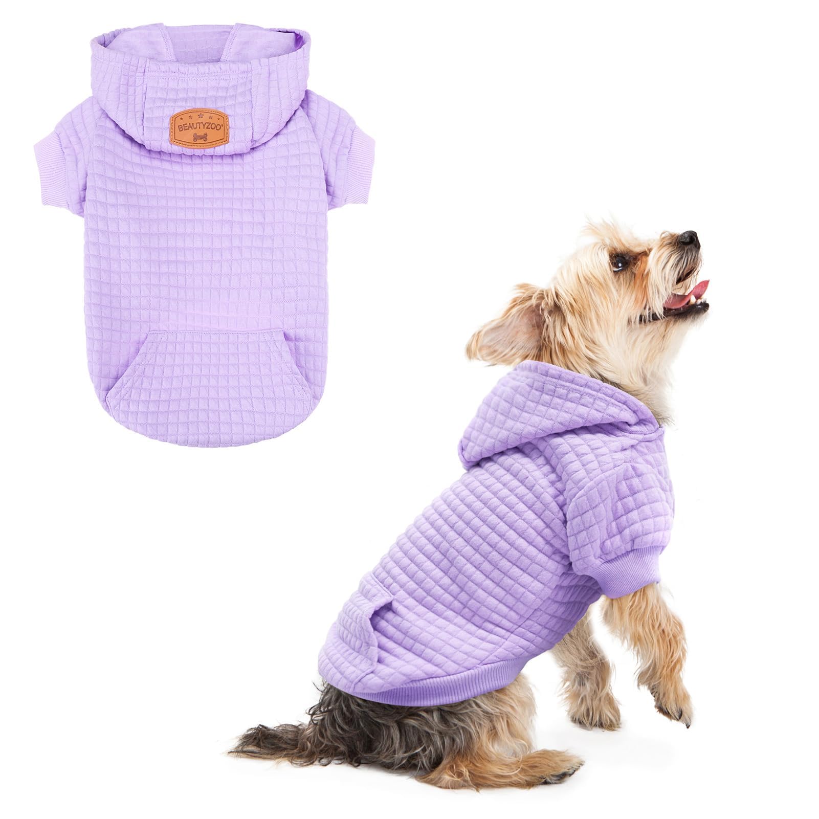 BEAUTYZOO Hooded Sweater for Small Dogs with Pockets, Dog Clothes for Small and Medium Dogs, Waffle-Like, Laminated Cotton, Pet Coat with Hole for Hat and Leash, All-Weather Coat